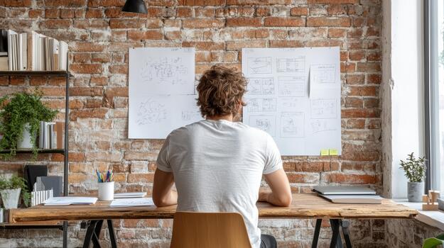 A man sitting at a desk in front of a window photo