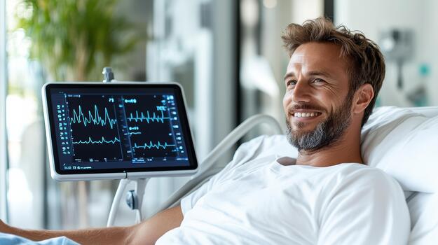 un hombre en un hospital cama con un tableta computadora foto