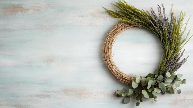 Wreath with lavender and eucalyptus on a wooden background photo