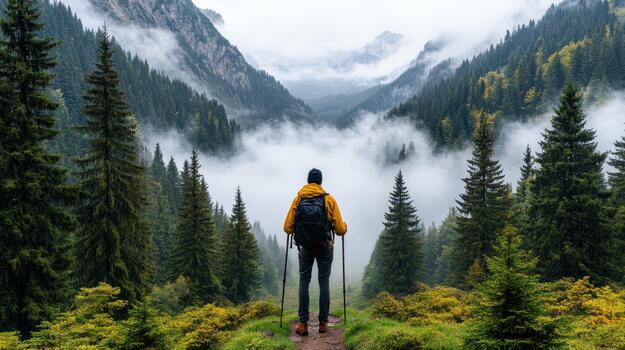 Man standing on trail in forest with fog and trees photo