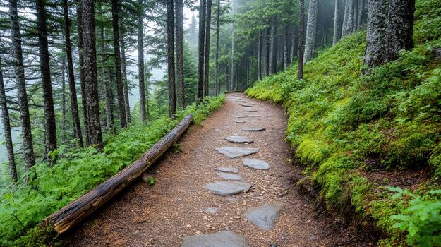 A path in the forest with rocks and trees photo