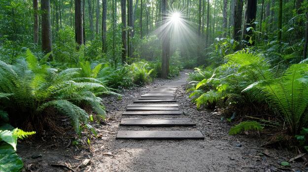 A path through the forest with sun shining through the trees photo