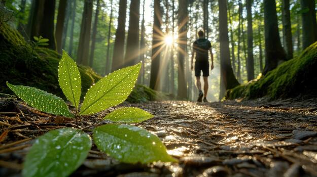 A person walking through a forest with a green leaf photo