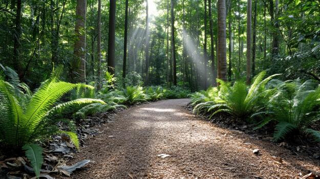 A path through the forest with sunlight shining through the trees photo