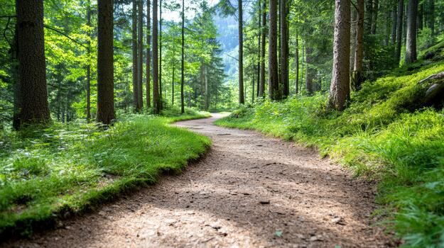 A path in the forest with green grass and trees photo