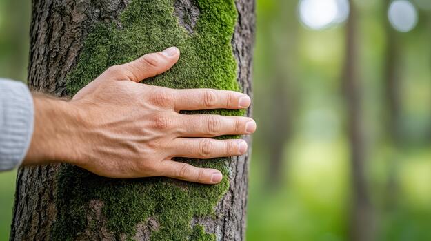 A hand is touching a tree trunk with moss on it photo