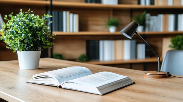 An open book on a wooden table in a library photo