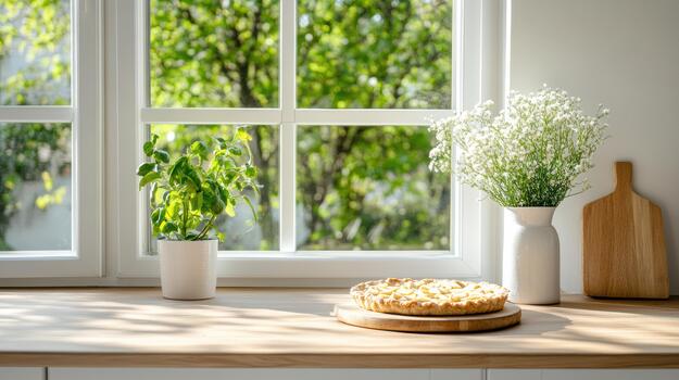A pie on a table next to a window photo
