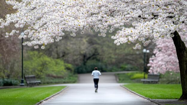A person jogging through a park under a tree with flowers photo