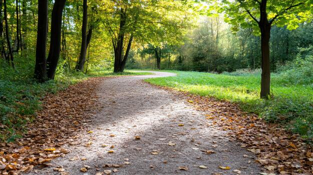 Path in the forest with leaves on the ground photo