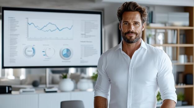 A man standing in front of a screen with graphs on it photo