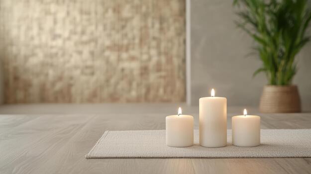 Three white candles on a table in front of a wall photo