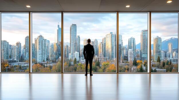 A man standing in front of large windows looking out at a city photo