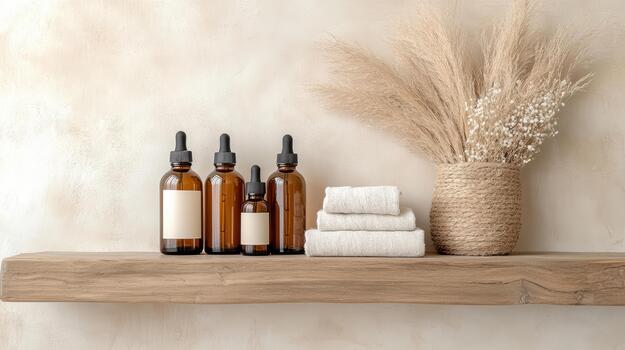 Three bottles of essential oils and a vase of dried grass photo
