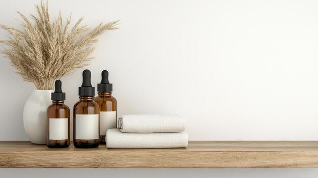 Three bottles of essential oils on a wooden shelf with a towel and dry grass photo