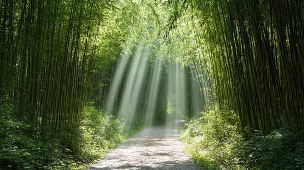 A path through a bamboo forest with sunlight shining through photo