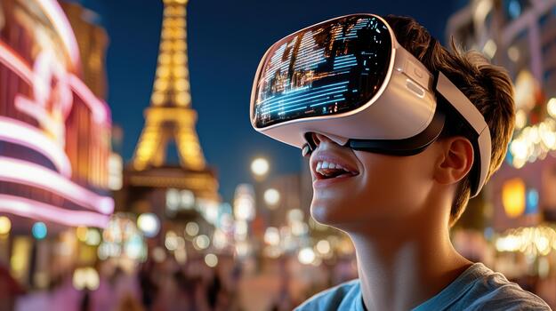 A young boy wearing virtual reality glasses in front of the eiffel tower photo