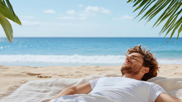 A man laying on a towel on the beach photo