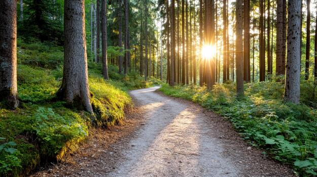 A dirt path in the forest with the sun shining through the trees photo