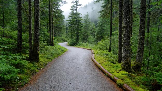 A paved path in the middle of a forest photo