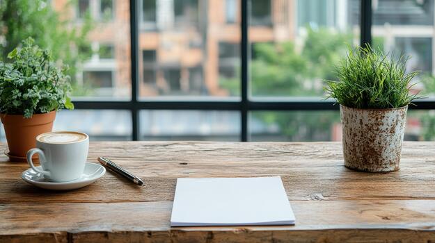 A notepad and coffee on a wooden table with a window view photo