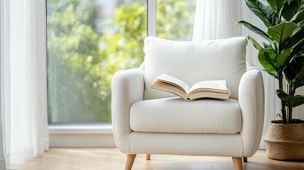 A white chair with an open book on it sits in front of a window photo