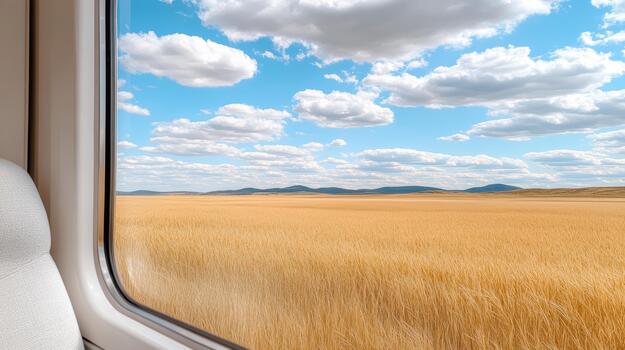 A view of the sky and wheat fields from a train window photo