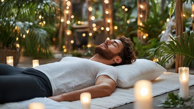 A man lying on a mat with candles in the background photo