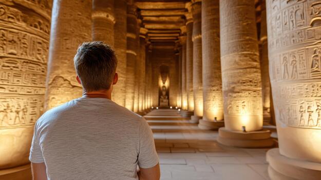 A man standing in front of columns in an egyptian temple photo