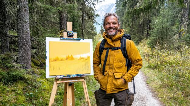 A man is standing in front of an easel with a painting on it photo