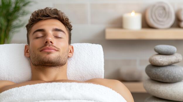 A man laying on a towel in a spa photo