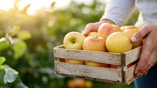 A person holding a crate of apples in an apple orchard photo