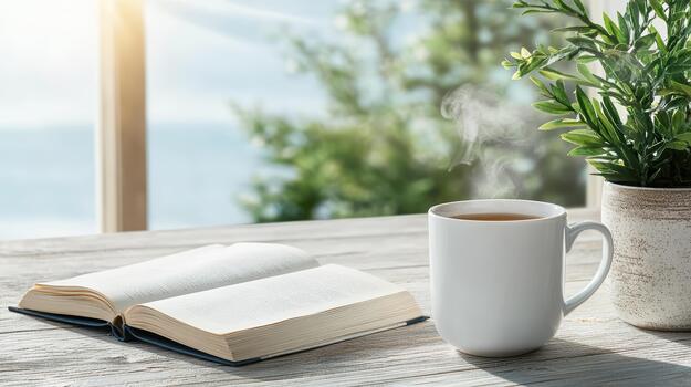 A cup of coffee and a book on a wooden table with a window view photo