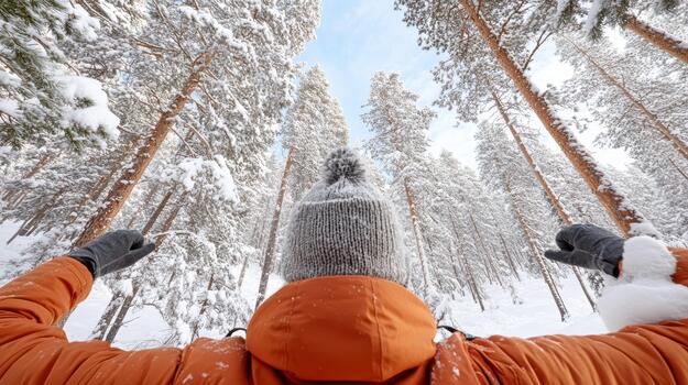 A person in an orange jacket standing in the snow photo