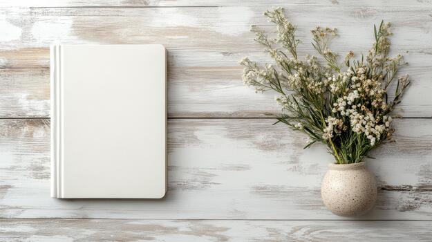 White notebook and vase of wild flowers on a weathered wood background photo