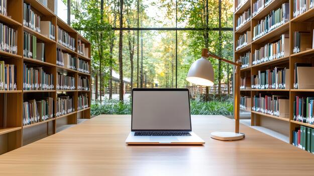 Laptop on table in library with bookshelves photo
