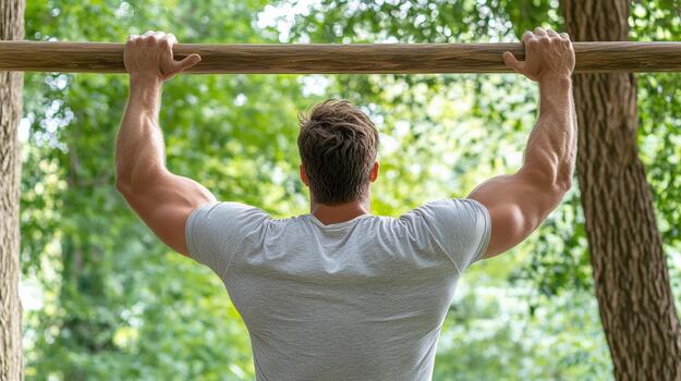 A man is doing pull ups on a tree photo