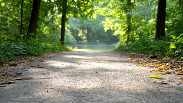 A paved path through a forest with trees photo
