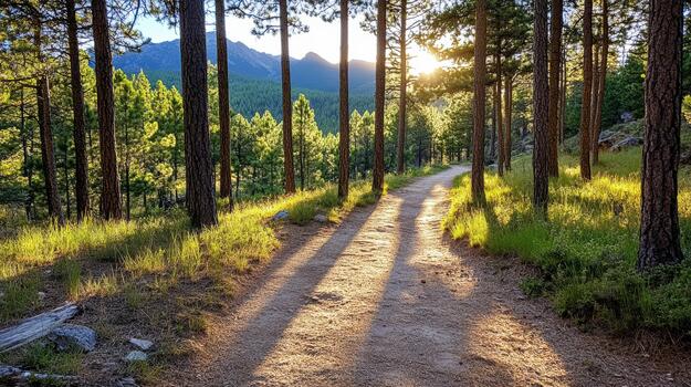 A dirt path through a forest with trees and mountains in the background photo