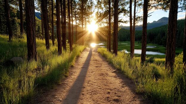 A dirt path leads through a forest with trees photo