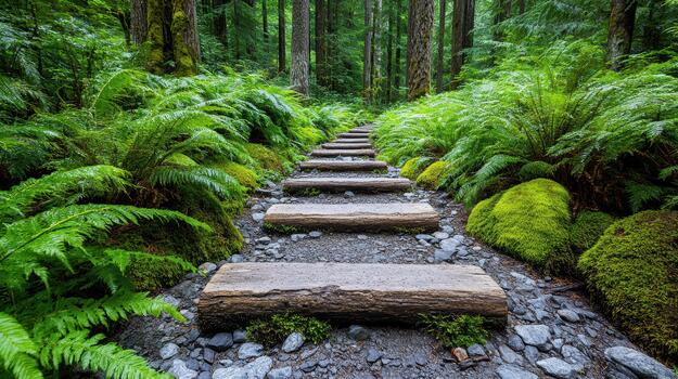 A path through the forest with steps leading to the trees photo