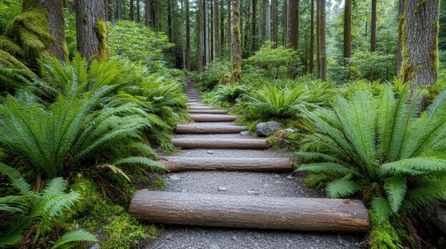 A path through the forest with logs and ferns photo
