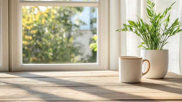 A coffee mug and a plant on a table near a window photo