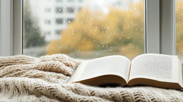 An open book on a blanket on the window sill in front of a rainy city photo