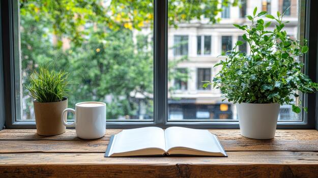 An open book and coffee on a wooden table in front of a window photo