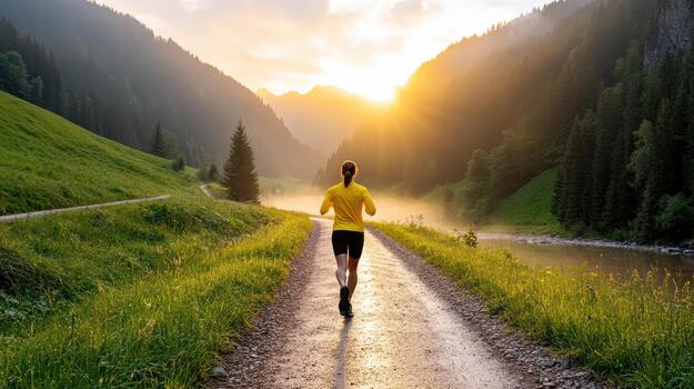 A man running on a path in the mountains at sunrise photo