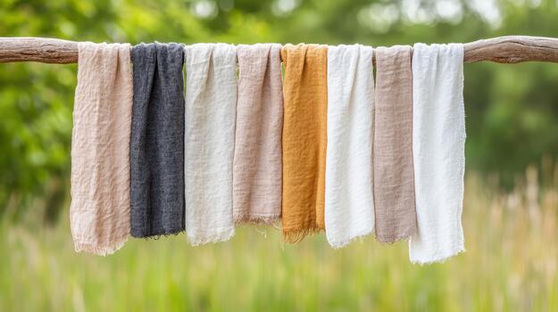 A group of five different colored towels hanging on a tree branch photo