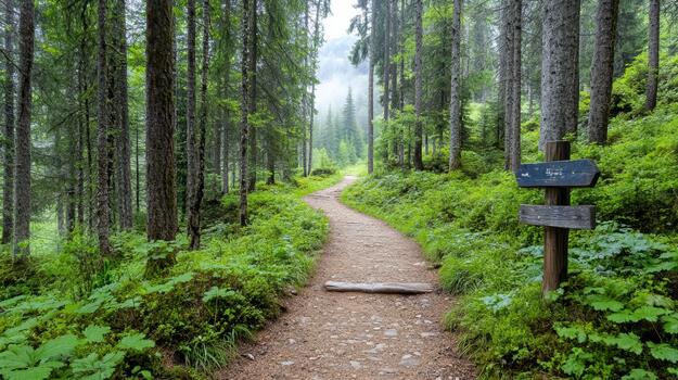A path in the forest with a sign on it photo