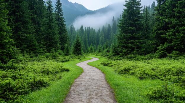 A path in the forest with trees and fog photo