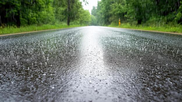 A wet road with rain falling down on it photo